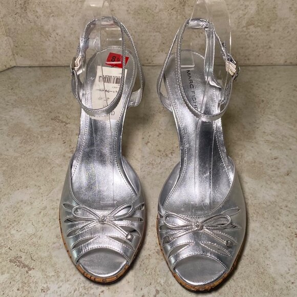 Marc Fisher Silver Metallic Strappy Heels Cork Like Heel Adjustable Glam Party - Picture 2 of 9